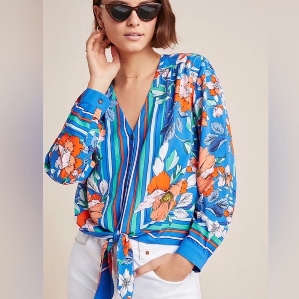 Maeve Anthropologie long sleeve Floral Blue Women's Top tie front